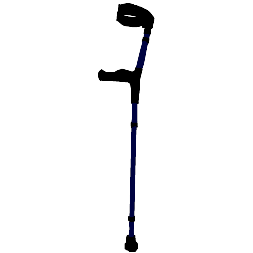 a dark blue and black forearm crutch. there is a white background and outline.